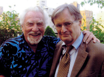 Actor Joe Sirola ’51 (left) with fellow actor David McCallum (NCIS, The Man From U.N.C.L.E.) on Sirola’s terrace in Manhattan in June at his annual “Champagne and Roses” party, where guests greet the blooming of his 18 bushes. PHOTO: Russ Weatherford